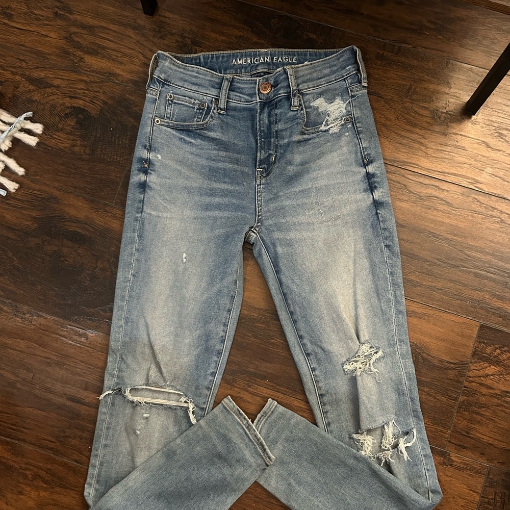American Eagle Outfitters Blue High Rise Jeggings distressed